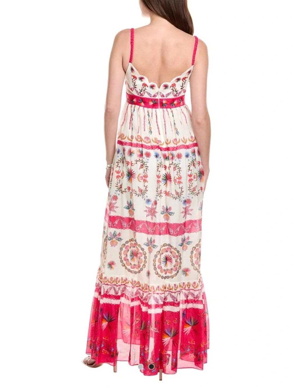 NWT SALONI Naki Cream linen Maxi sunDress scalloped neck cut outs Pink shell 8 - Picture 2 of 11